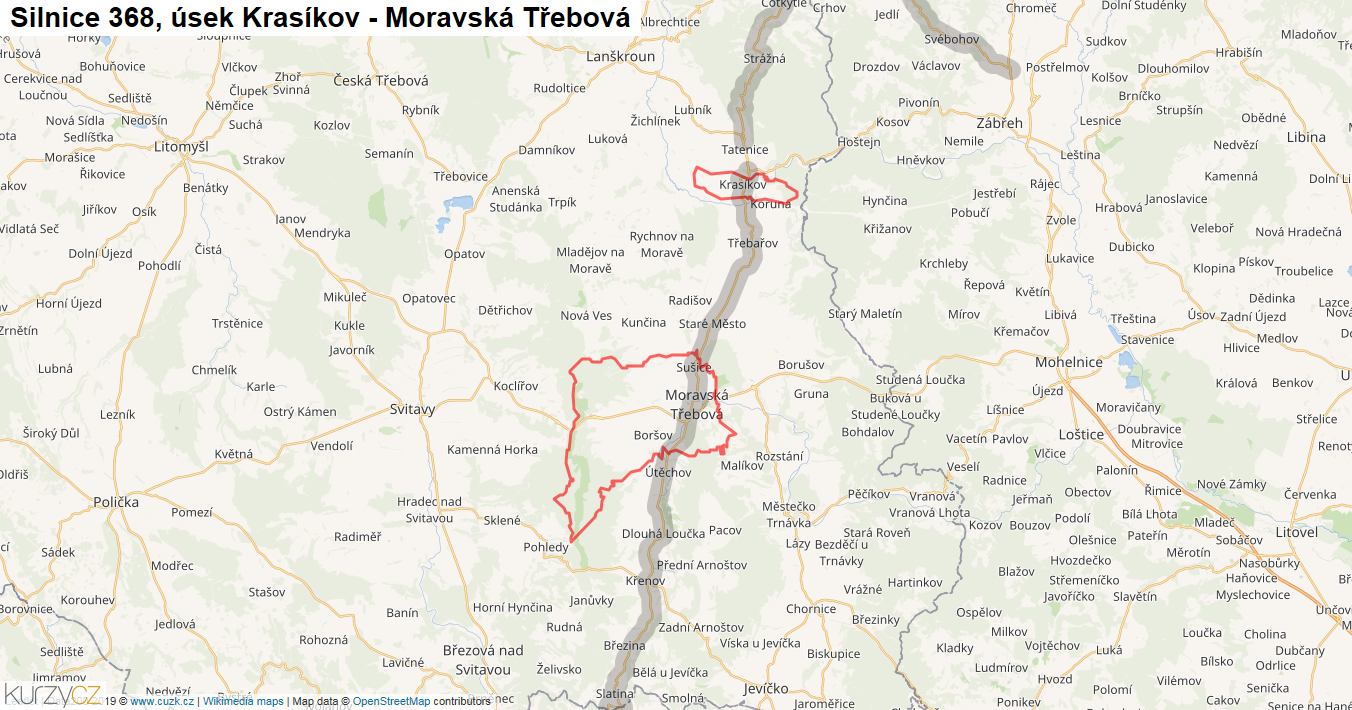 Úsek Krasíkov - Moravská Třebová, Silnice 368 - Mapa