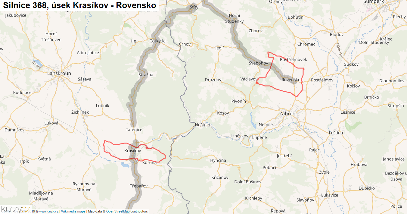 Úsek Krasíkov - Rovensko, Silnice 368 - Mapa