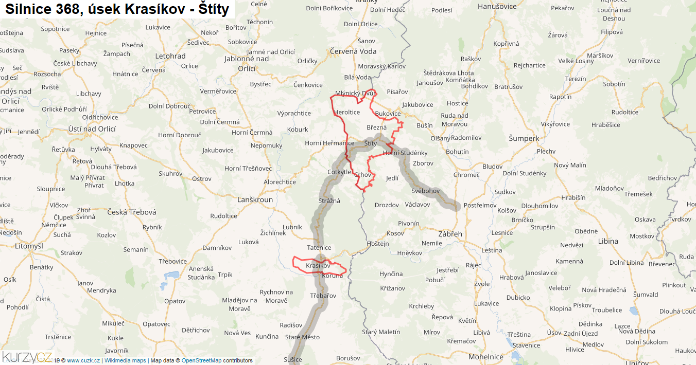 Úsek Krasíkov - Štíty, Silnice 368 - Mapa