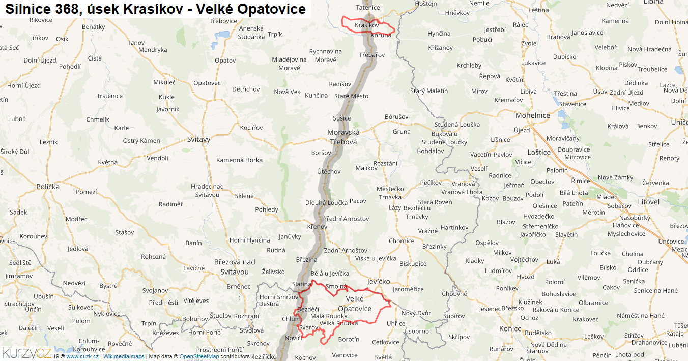 Úsek Krasíkov - Velké Opatovice, Silnice 368 - Mapa