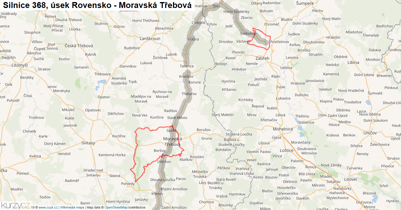 Úsek Rovensko - Moravská Třebová, Silnice 368 - Mapa