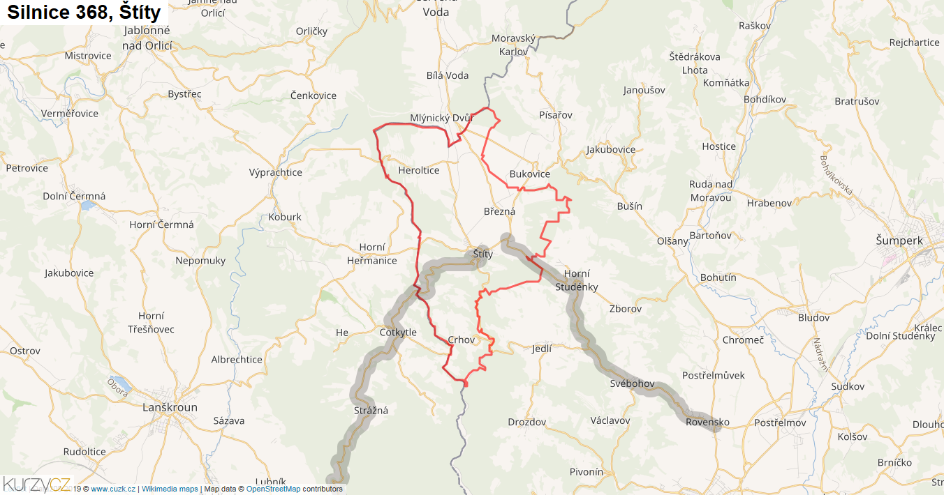 Štíty, Silnice 368 - Mapa