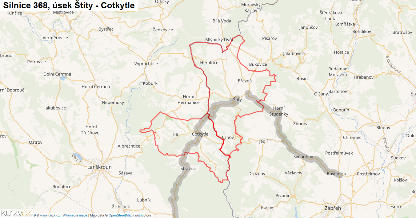 Úsek Štíty - Cotkytle, Silnice 368 - Mapa