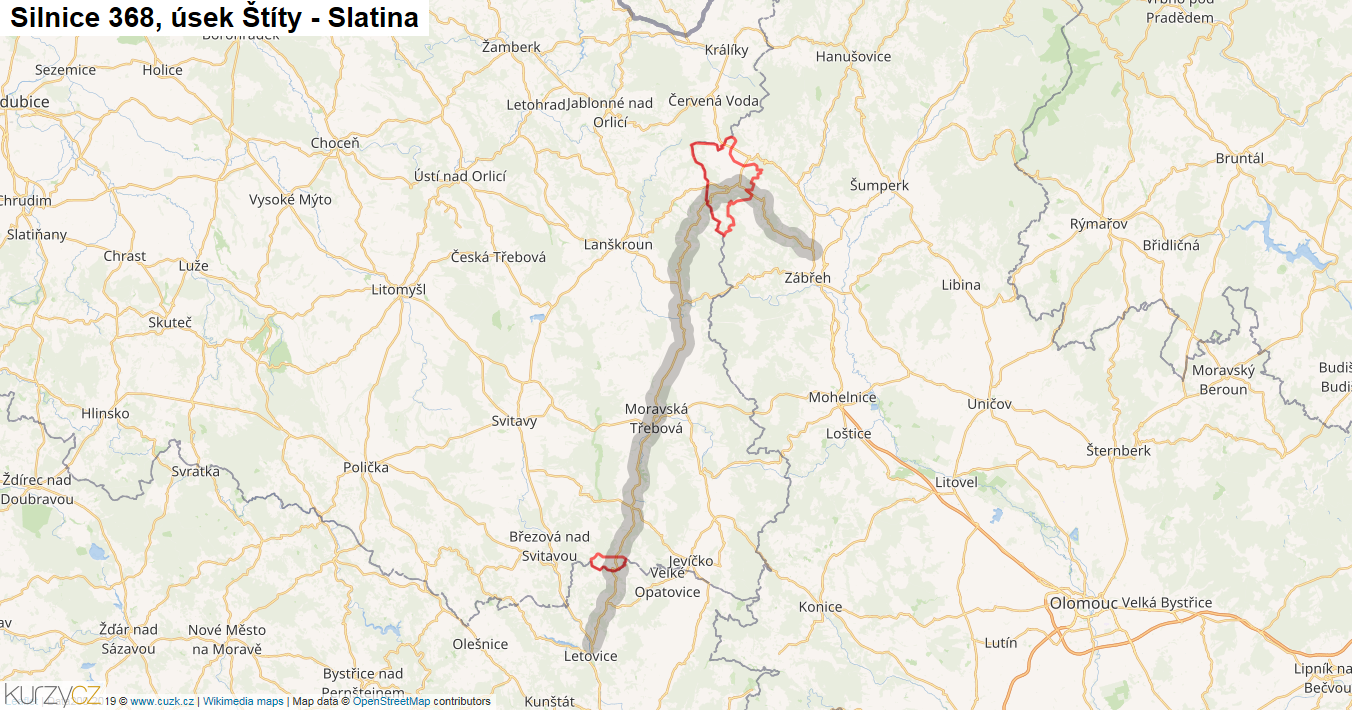Úsek Štíty - Slatina, Silnice 368 - Mapa
