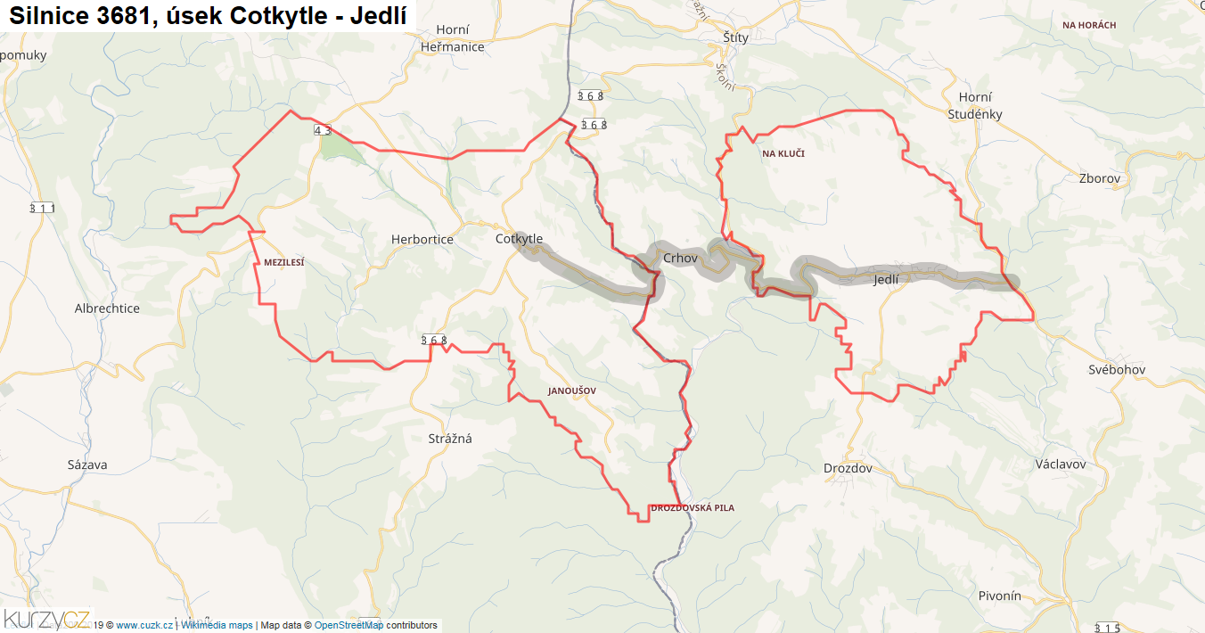 Úsek Cotkytle - Jedlí, Silnice 3681 - Mapa