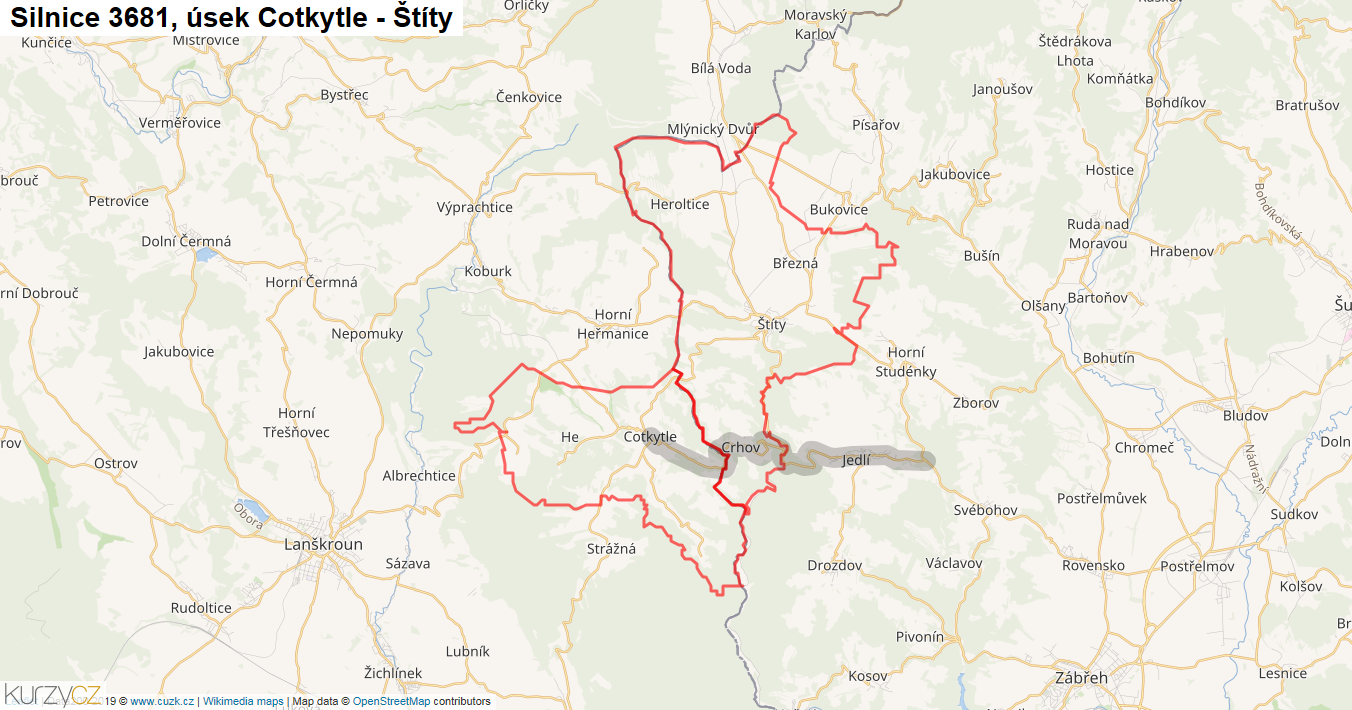 Úsek Cotkytle - Štíty, Silnice 3681 - Mapa