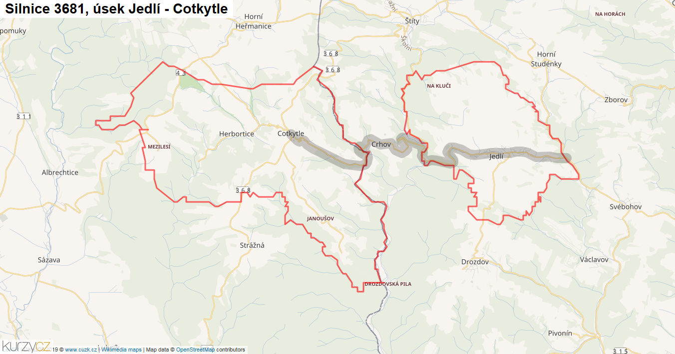 Úsek Jedlí - Cotkytle, Silnice 3681 - Mapa