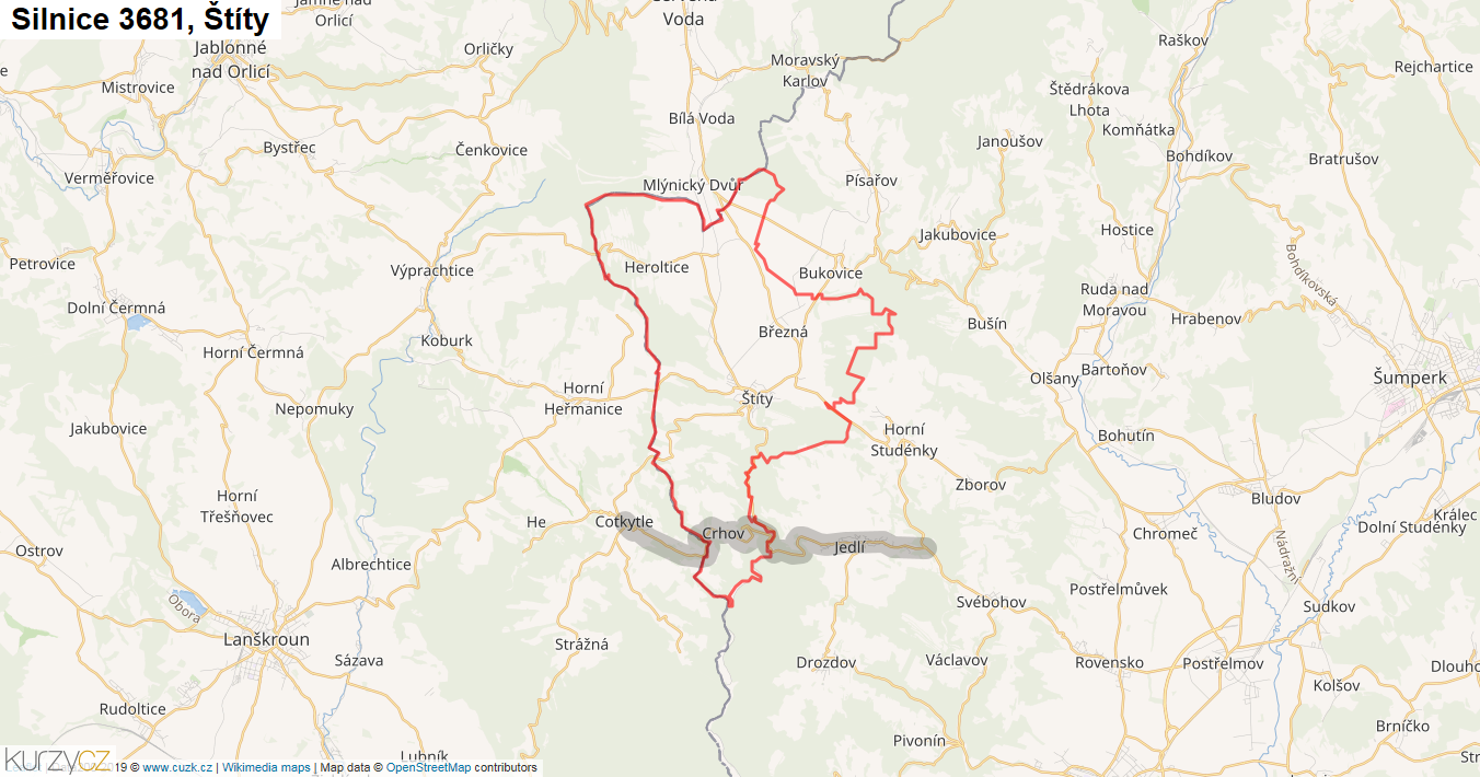 Štíty, Silnice 3681 - Mapa