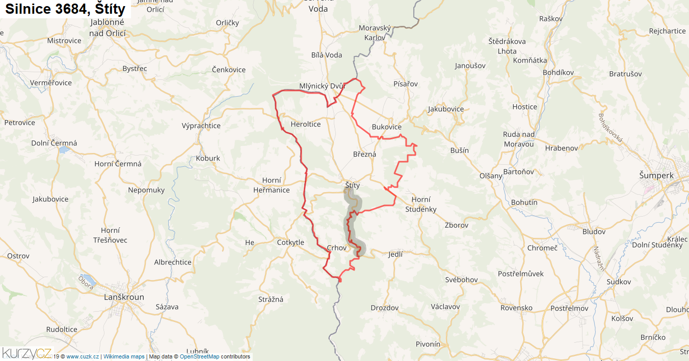 Štíty, Silnice 3684 - Mapa