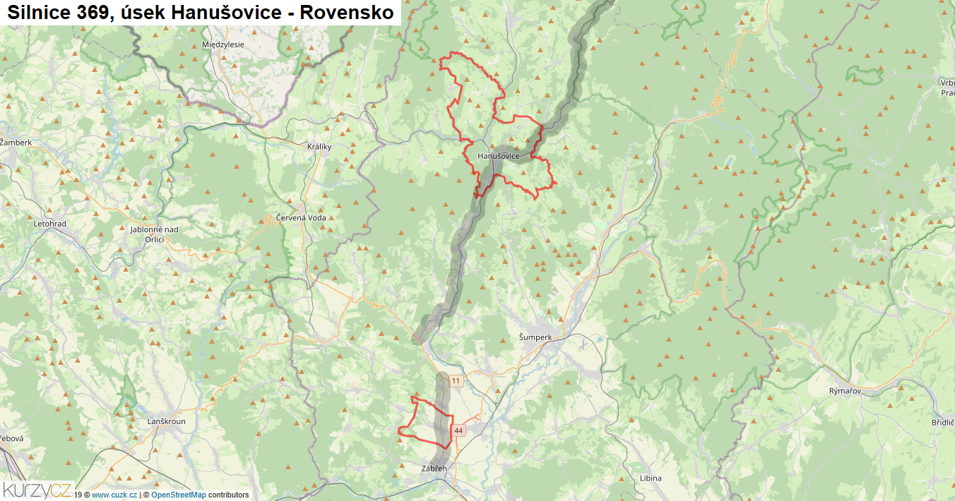 Úsek Hanušovice - Rovensko, Silnice 369 - Mapa