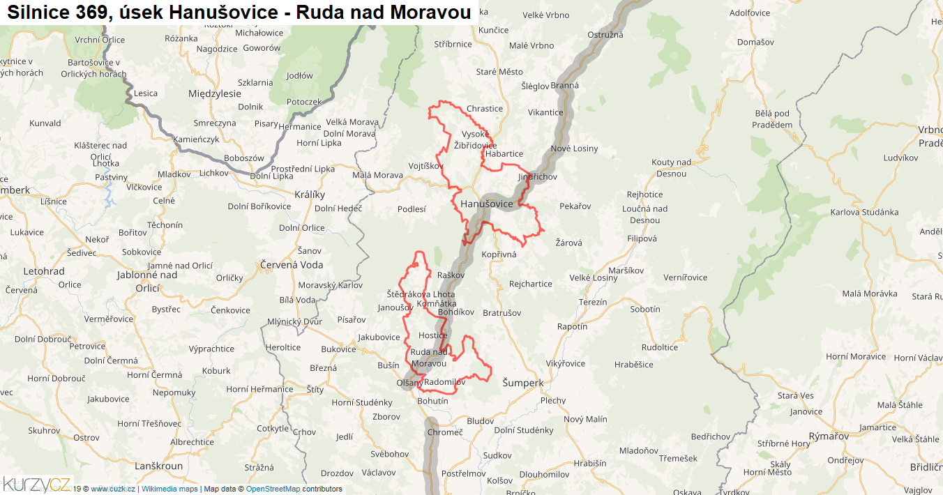 Úsek Hanušovice - Ruda nad Moravou, Silnice 369 - Mapa