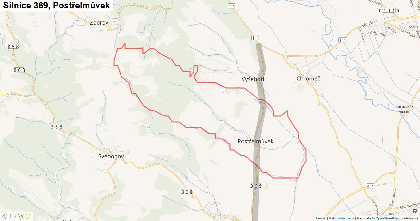 Postřelmůvek, Silnice 369 - Mapa