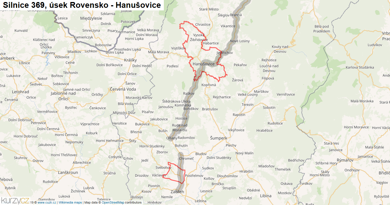 Úsek Rovensko - Hanušovice, Silnice 369 - Mapa