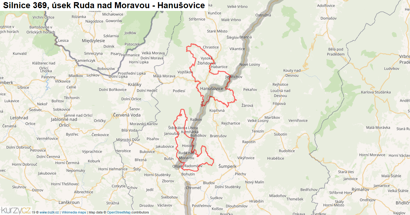 Úsek Ruda nad Moravou - Hanušovice, Silnice 369 - Mapa