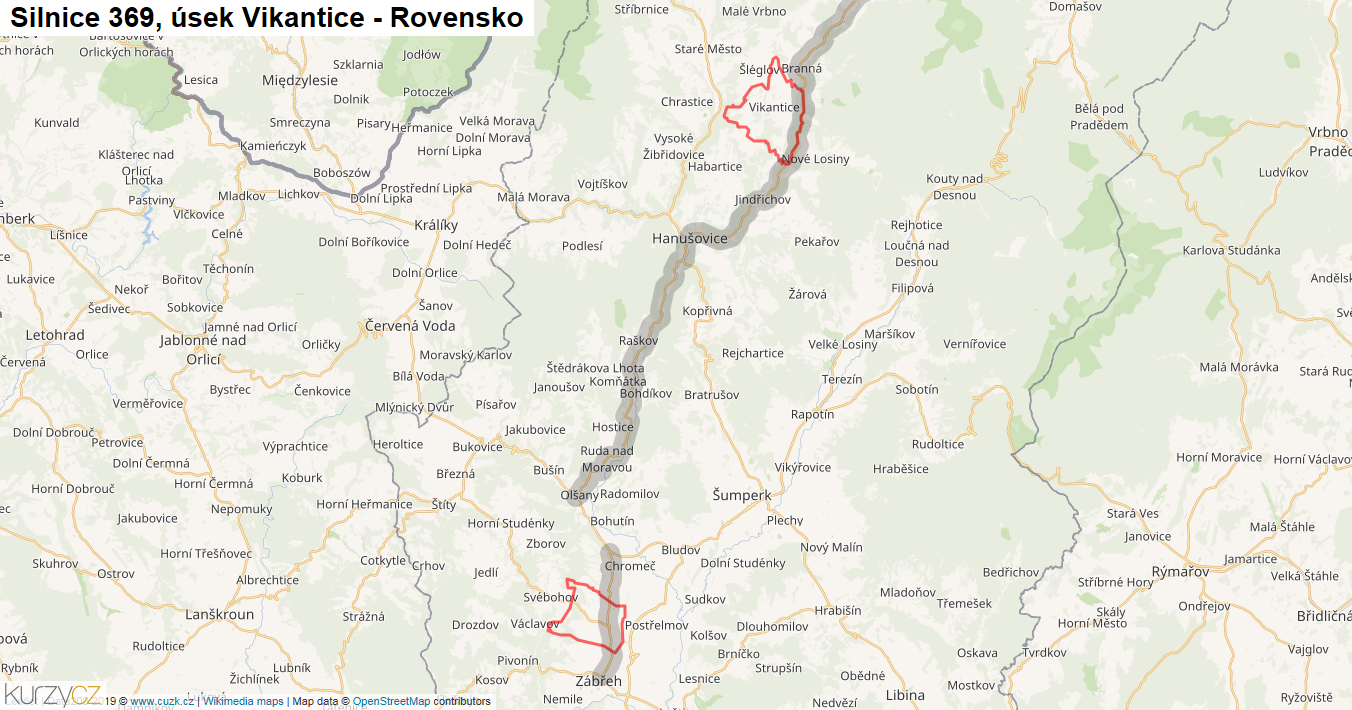 Úsek Vikantice - Rovensko, Silnice 369 - Mapa