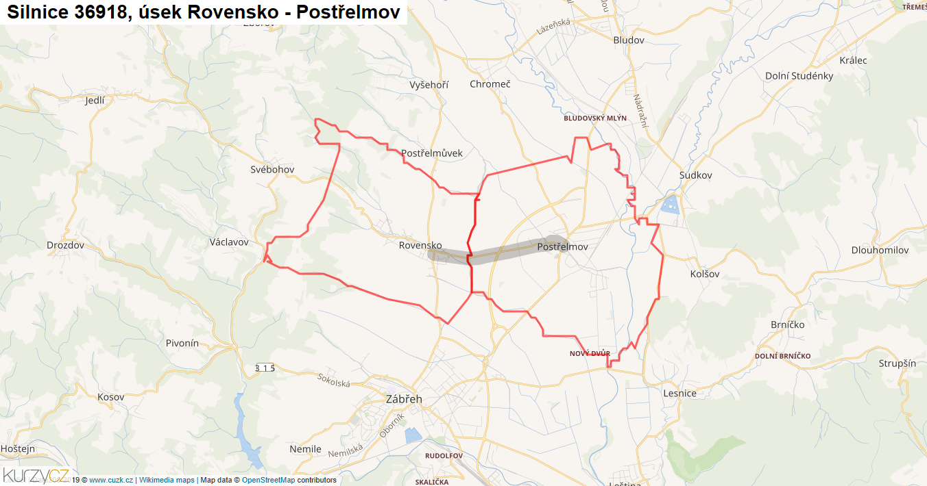Úsek Rovensko - Postřelmov, Silnice 36918 - Mapa
