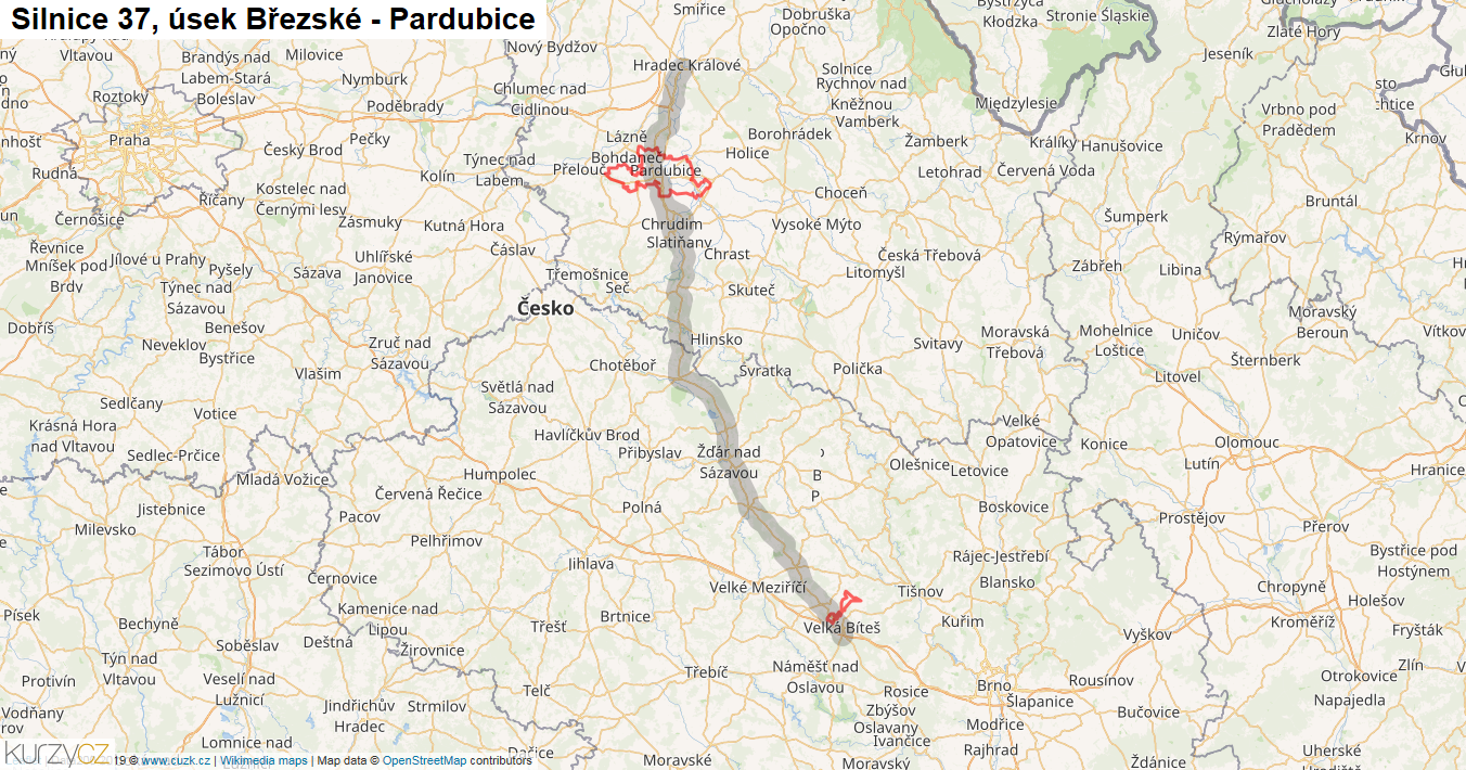 Úsek Březské - Pardubice, Silnice 37 - Mapa