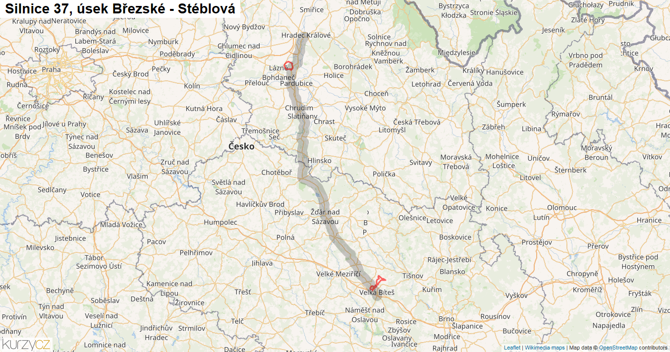 Úsek Březské - Stéblová, Silnice 37 - Mapa