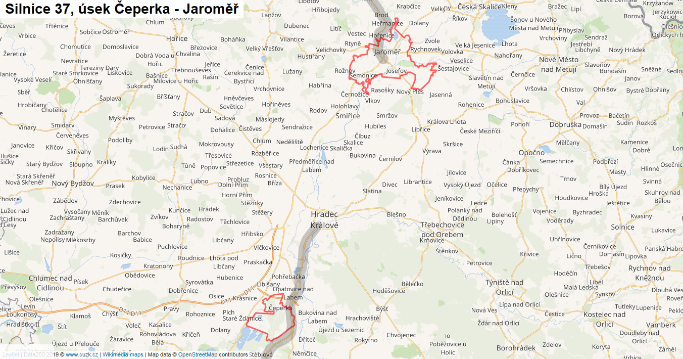 Úsek Čeperka - Jaroměř, Silnice 37 - Mapa