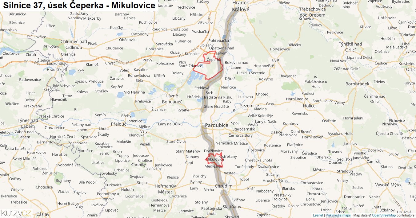 Úsek Čeperka - Mikulovice, Silnice 37 - Mapa