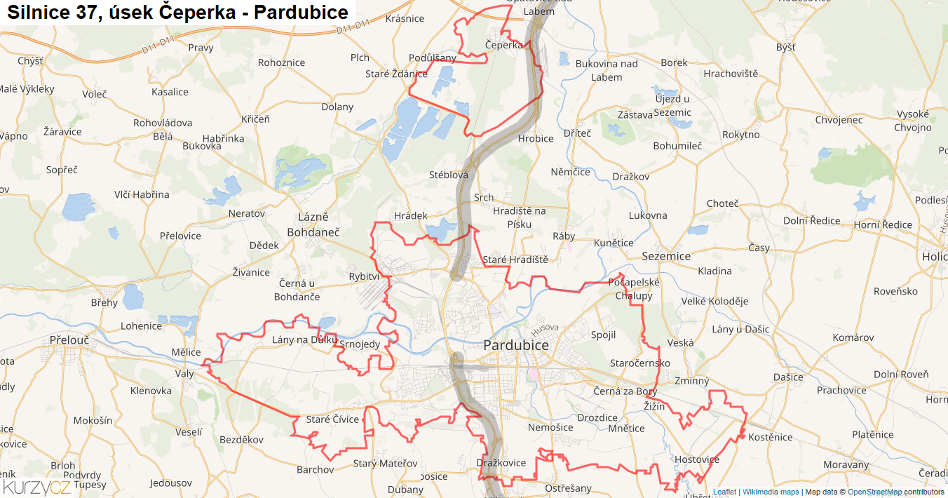 Úsek Čeperka - Pardubice, Silnice 37 - Mapa