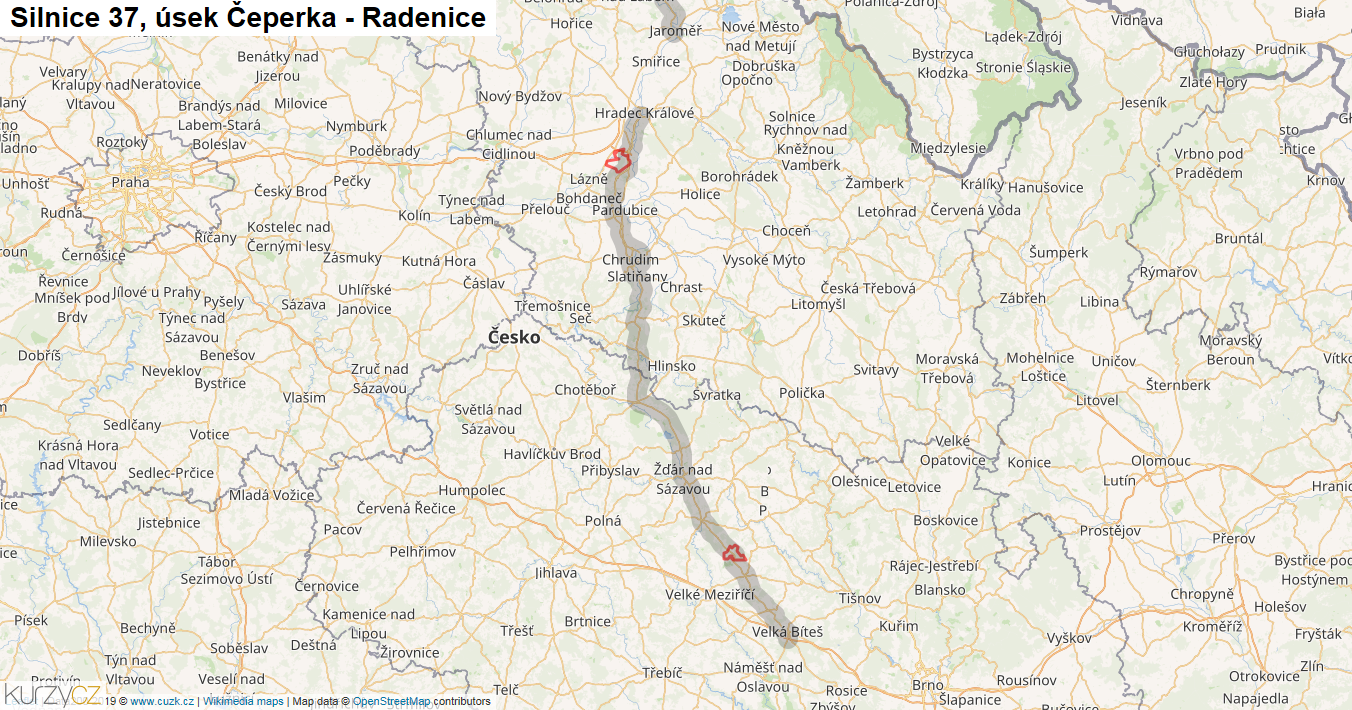 Úsek Čeperka - Radenice, Silnice 37 - Mapa
