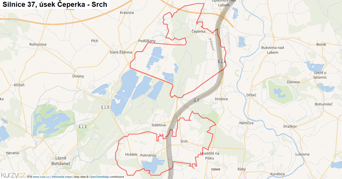 Úsek Čeperka - Srch, Silnice 37 - Mapa