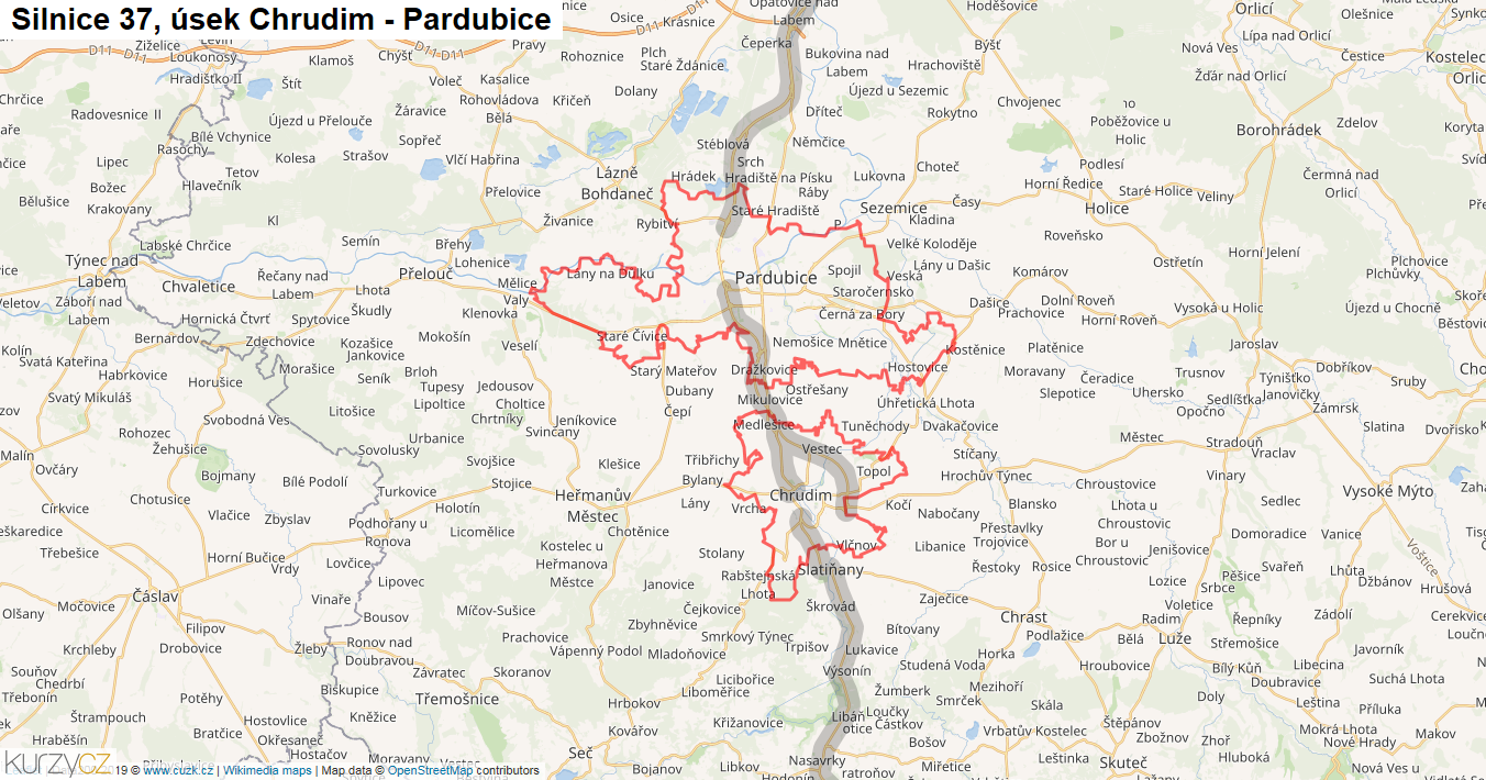 Úsek Chrudim - Pardubice, Silnice 37 - Mapa