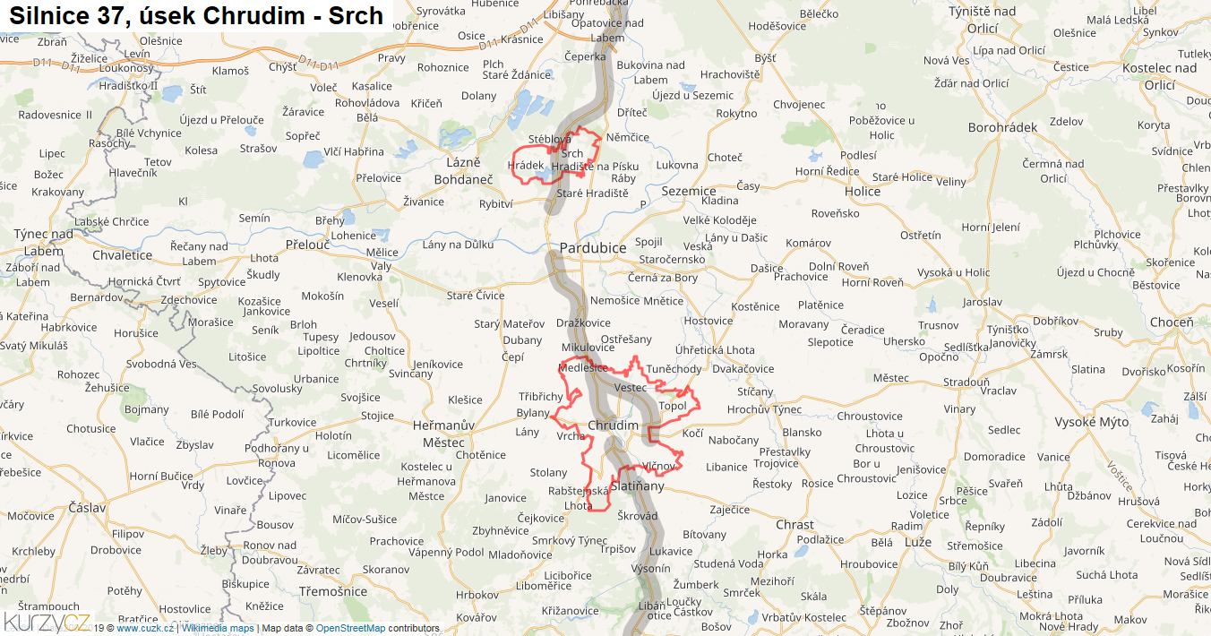 Úsek Chrudim - Srch, Silnice 37 - Mapa