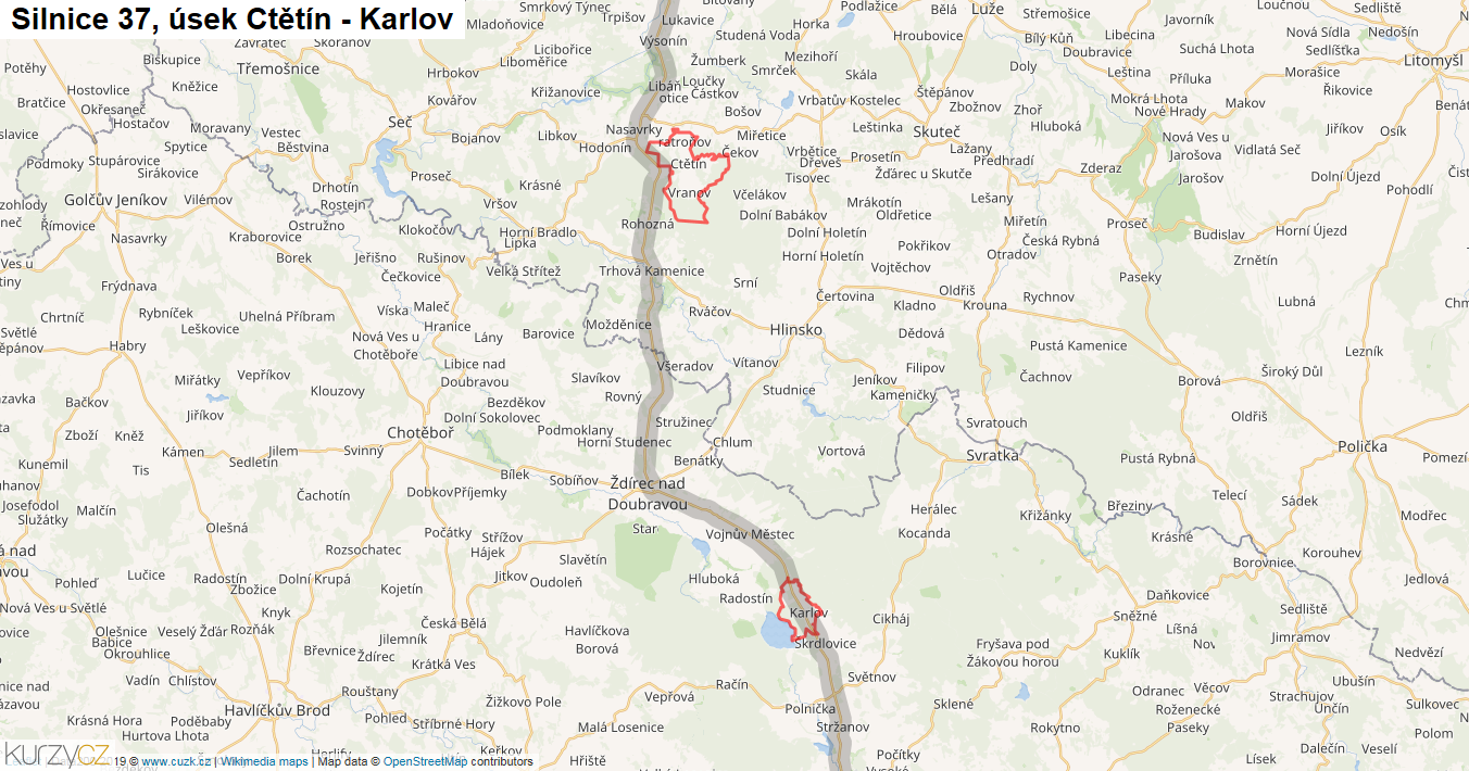 Úsek Ctětín - Karlov, Silnice 37 - Mapa