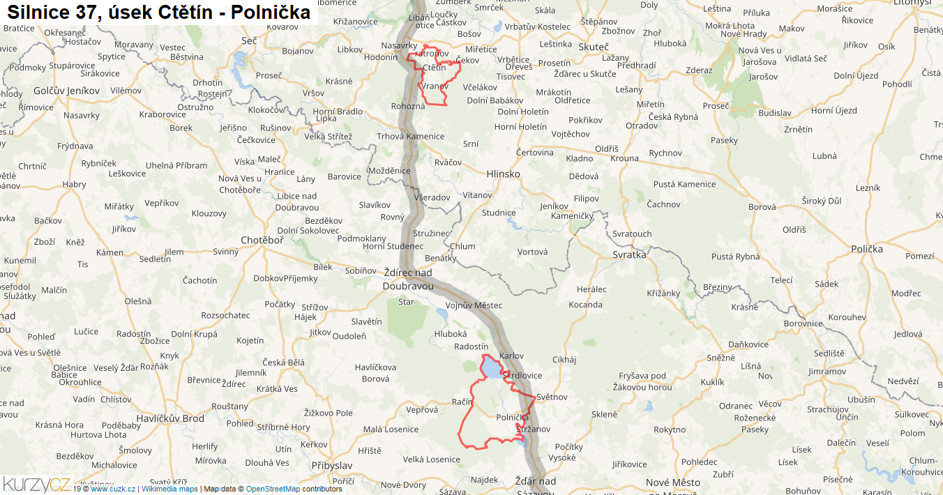 Úsek Ctětín - Polnička, Silnice 37 - Mapa