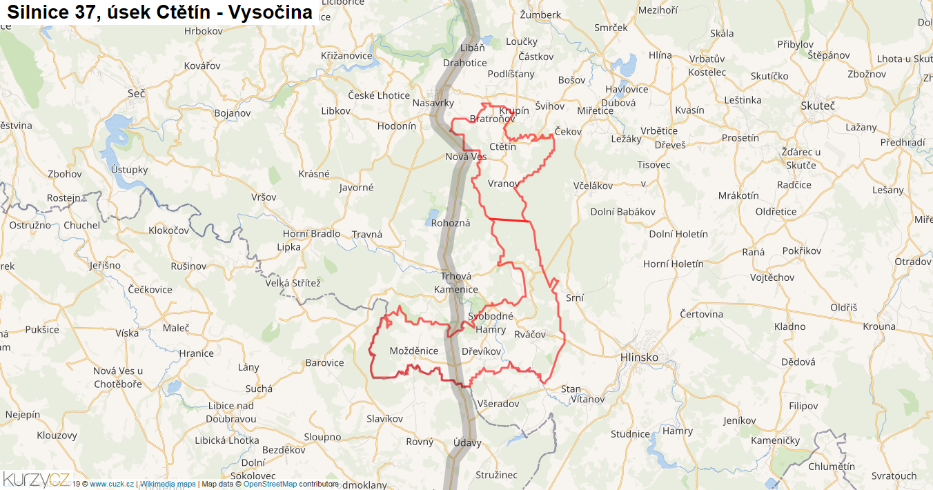 Úsek Ctětín - Vysočina, Silnice 37 - Mapa