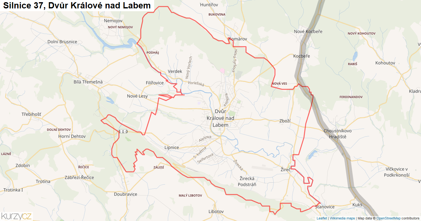 Dvůr Králové nad Labem, Silnice 37 - Mapa