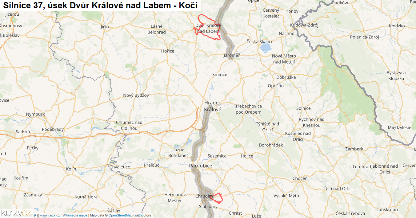Úsek Dvůr Králové nad Labem - Kočí, Silnice 37 - Mapa