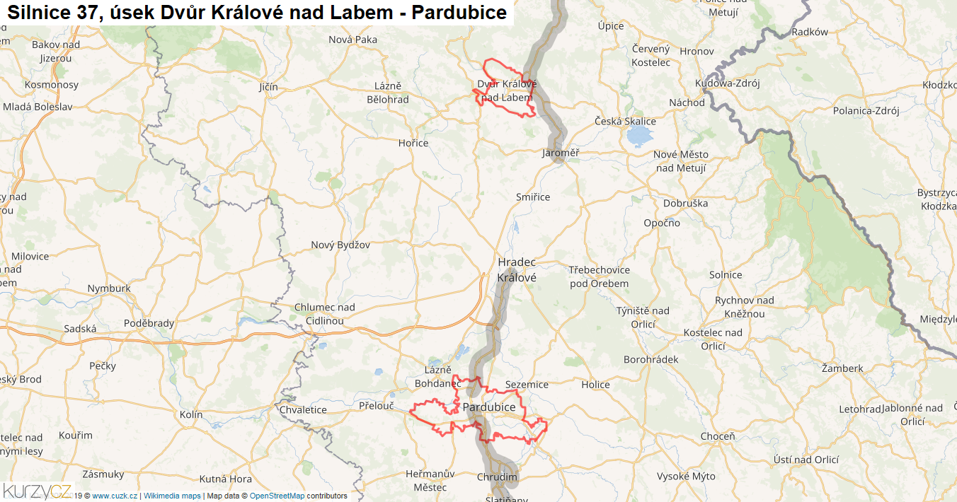 Úsek Dvůr Králové nad Labem - Pardubice, Silnice 37 - Mapa