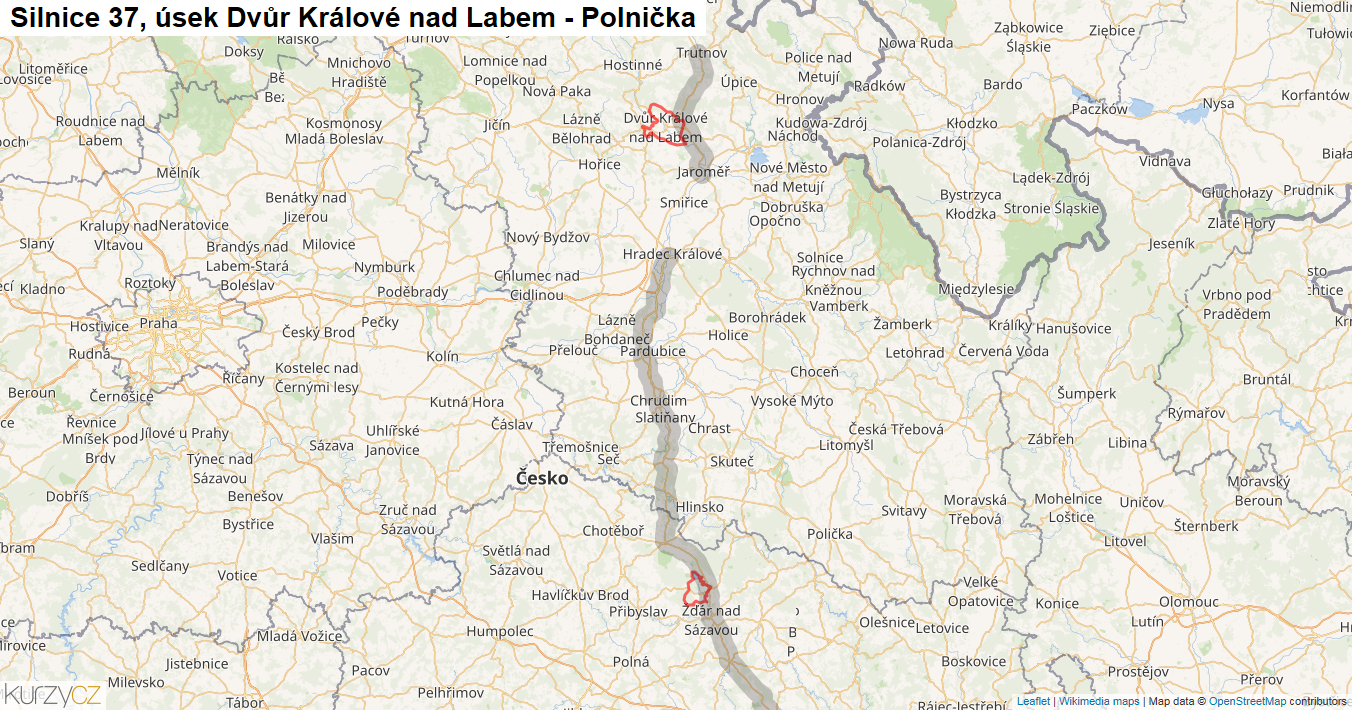 Úsek Dvůr Králové nad Labem - Polnička, Silnice 37 - Mapa