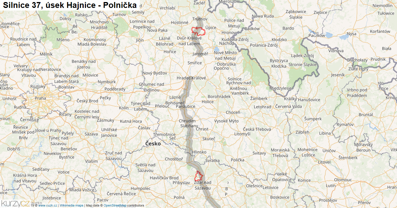 Úsek Hajnice - Polnička, Silnice 37 - Mapa
