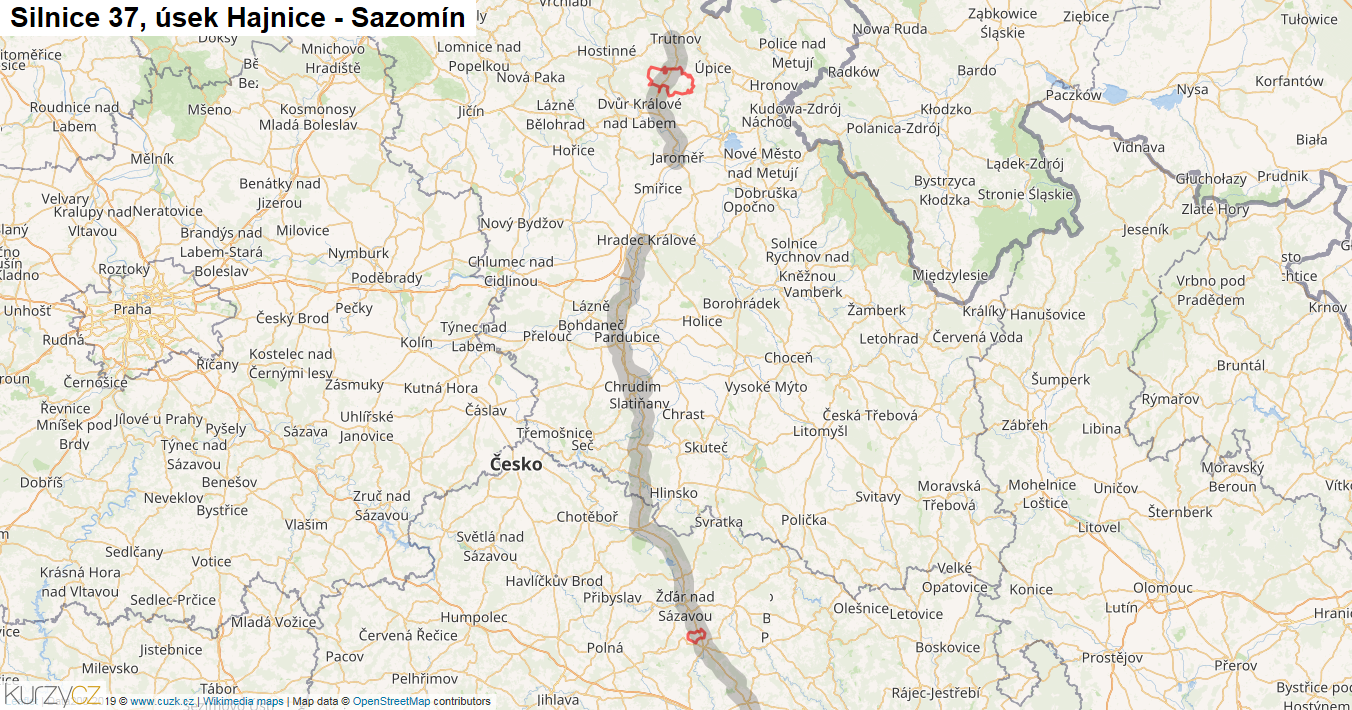 Úsek Hajnice - Sazomín, Silnice 37 - Mapa
