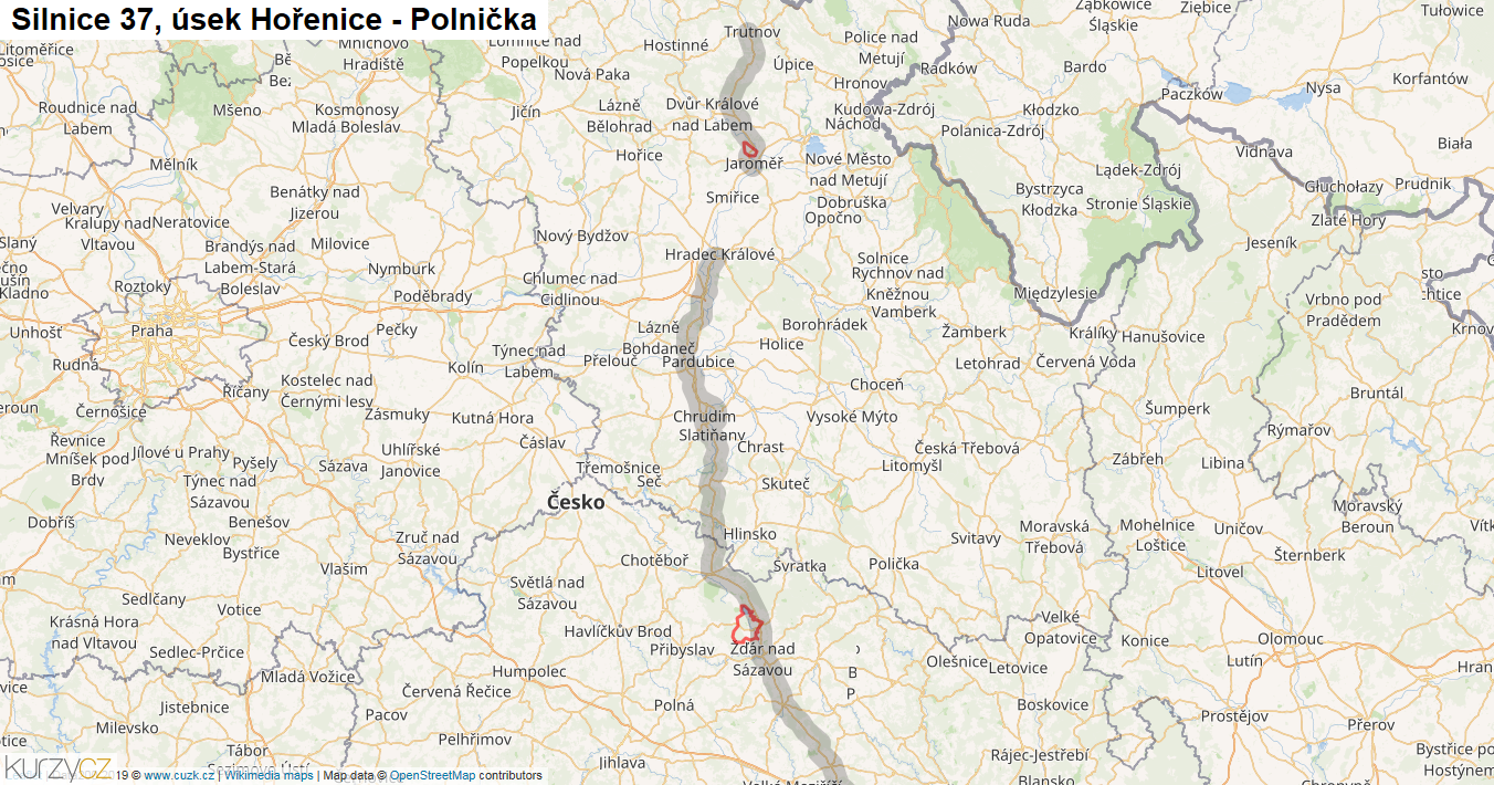 Úsek Hořenice - Polnička, Silnice 37 - Mapa