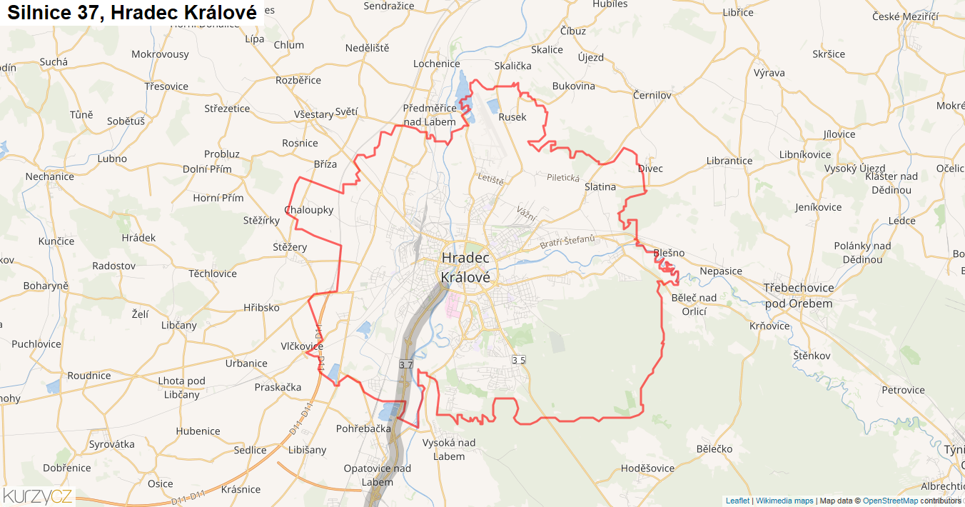 Hradec Králové, Silnice 37 - Mapa