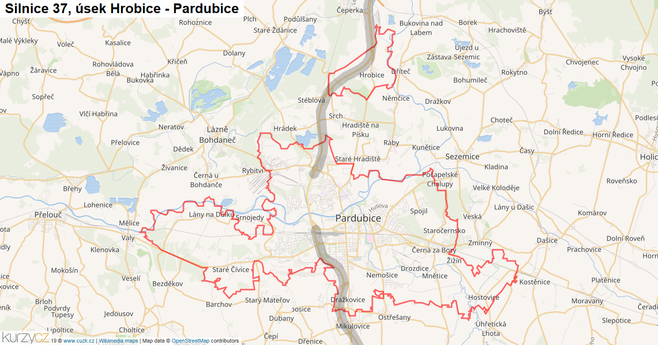 Úsek Hrobice - Pardubice, Silnice 37 - Mapa