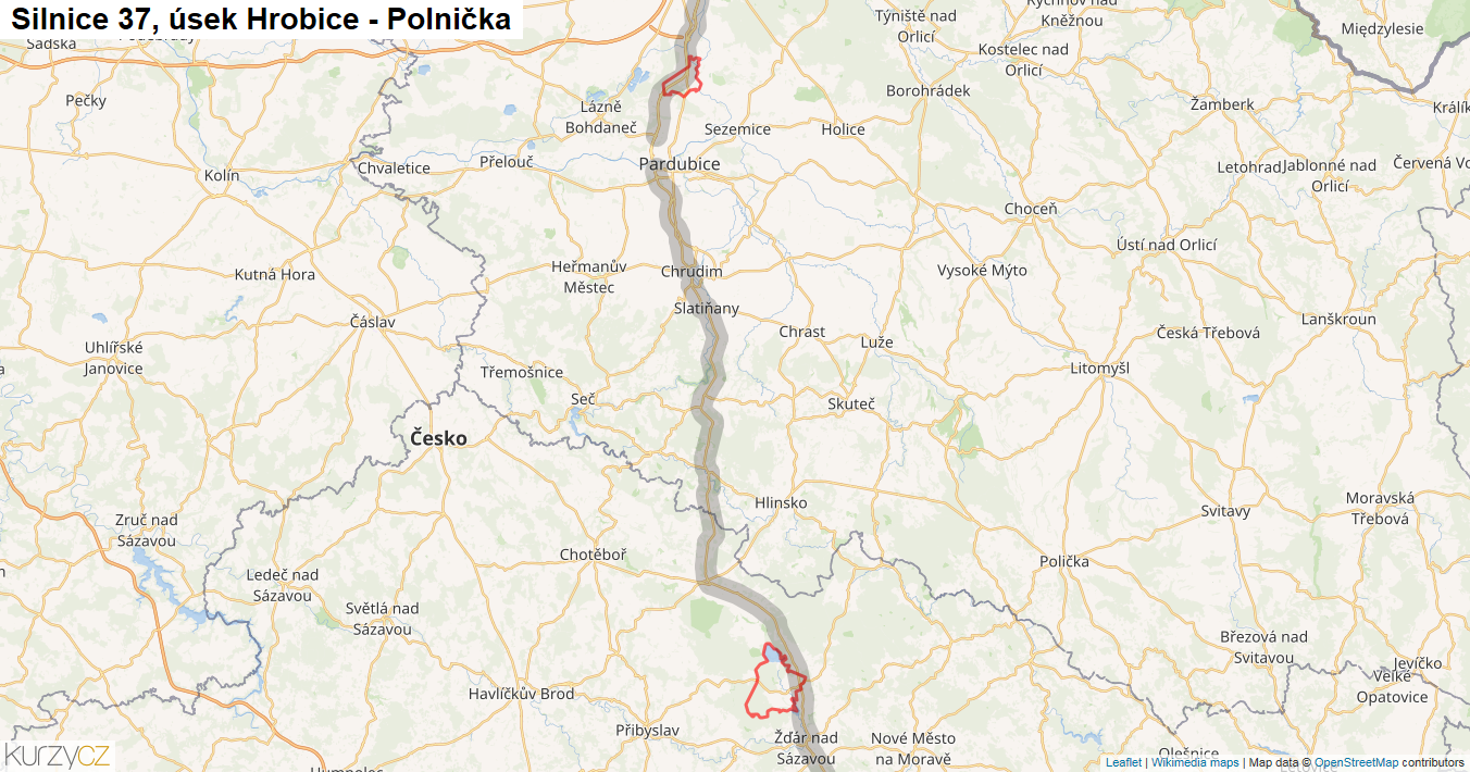 Úsek Hrobice - Polnička, Silnice 37 - Mapa