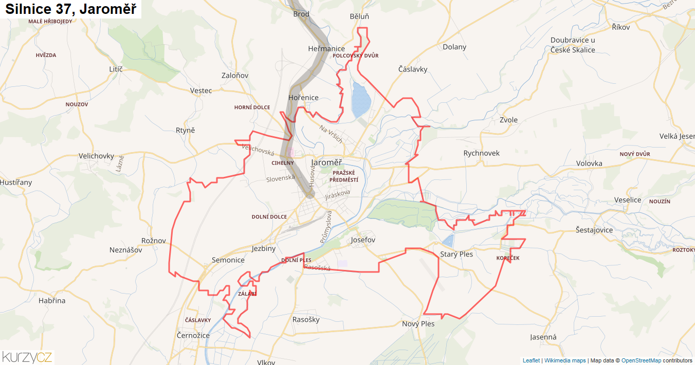 Jaroměř, Silnice 37 - Mapa