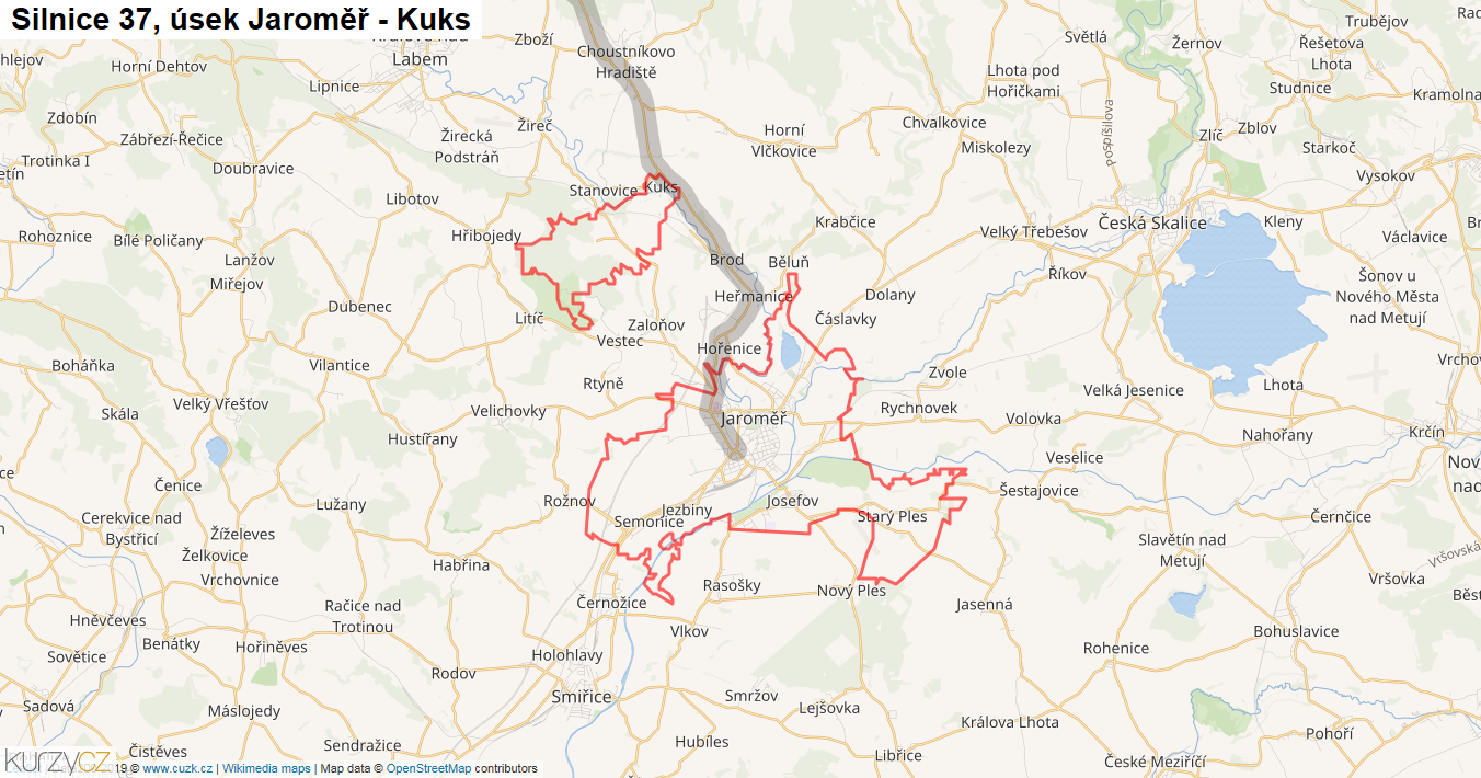 Úsek Jaroměř - Kuks, Silnice 37 - Mapa