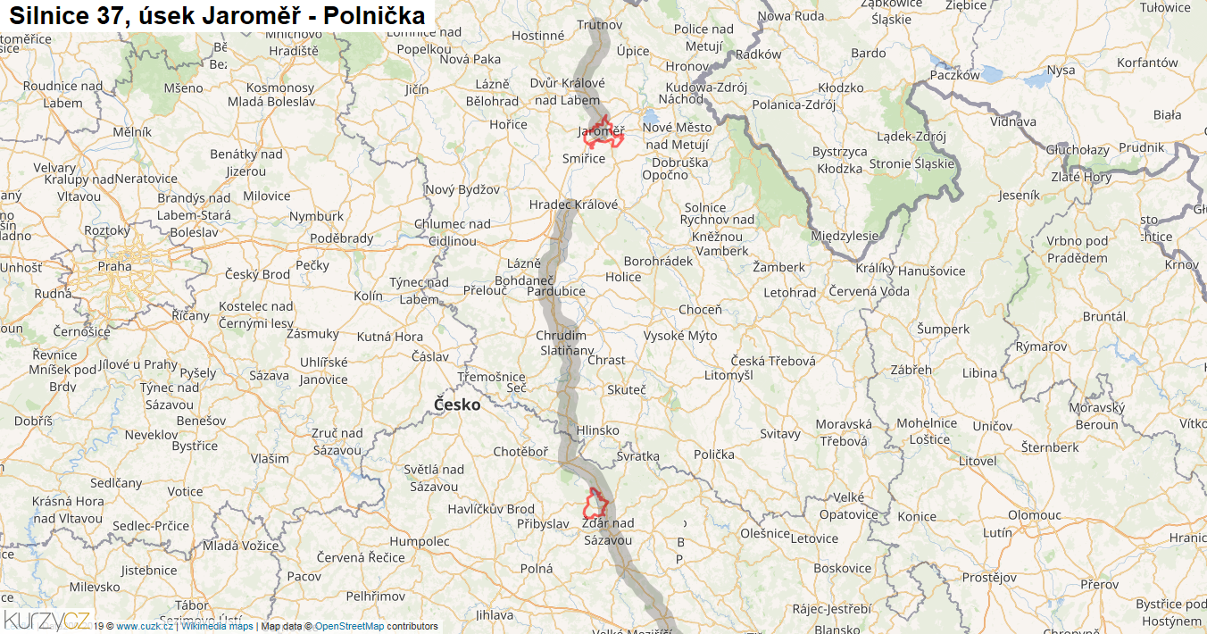 Úsek Jaroměř - Polnička, Silnice 37 - Mapa