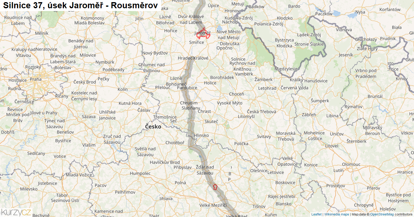 Úsek Jaroměř - Rousměrov, Silnice 37 - Mapa