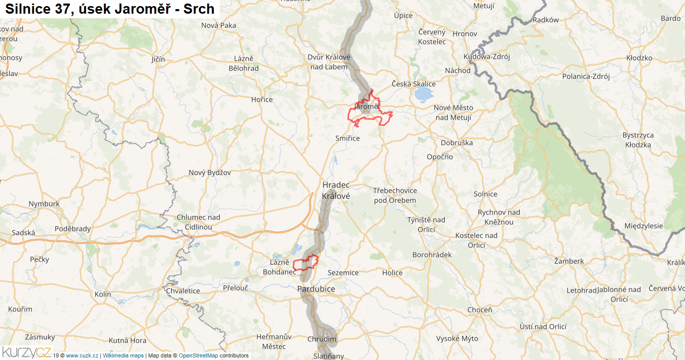 Úsek Jaroměř - Srch, Silnice 37 - Mapa