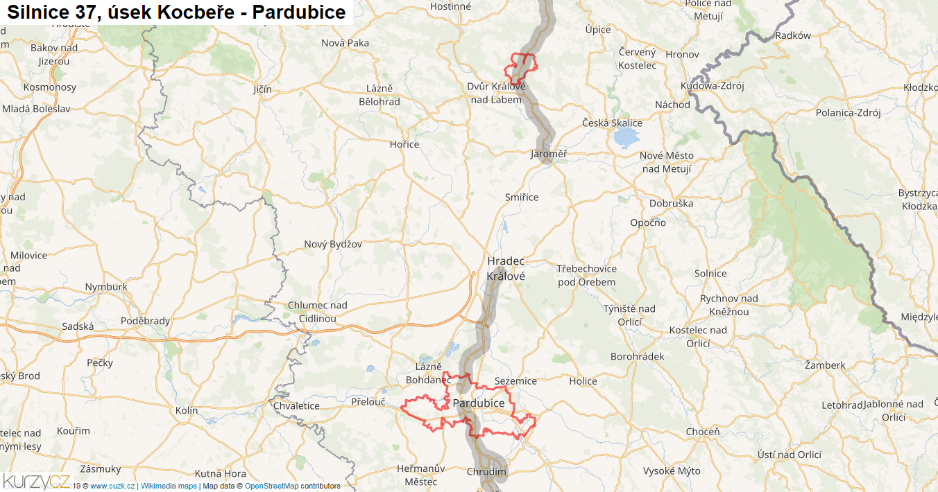Úsek Kocbeře - Pardubice, Silnice 37 - Mapa