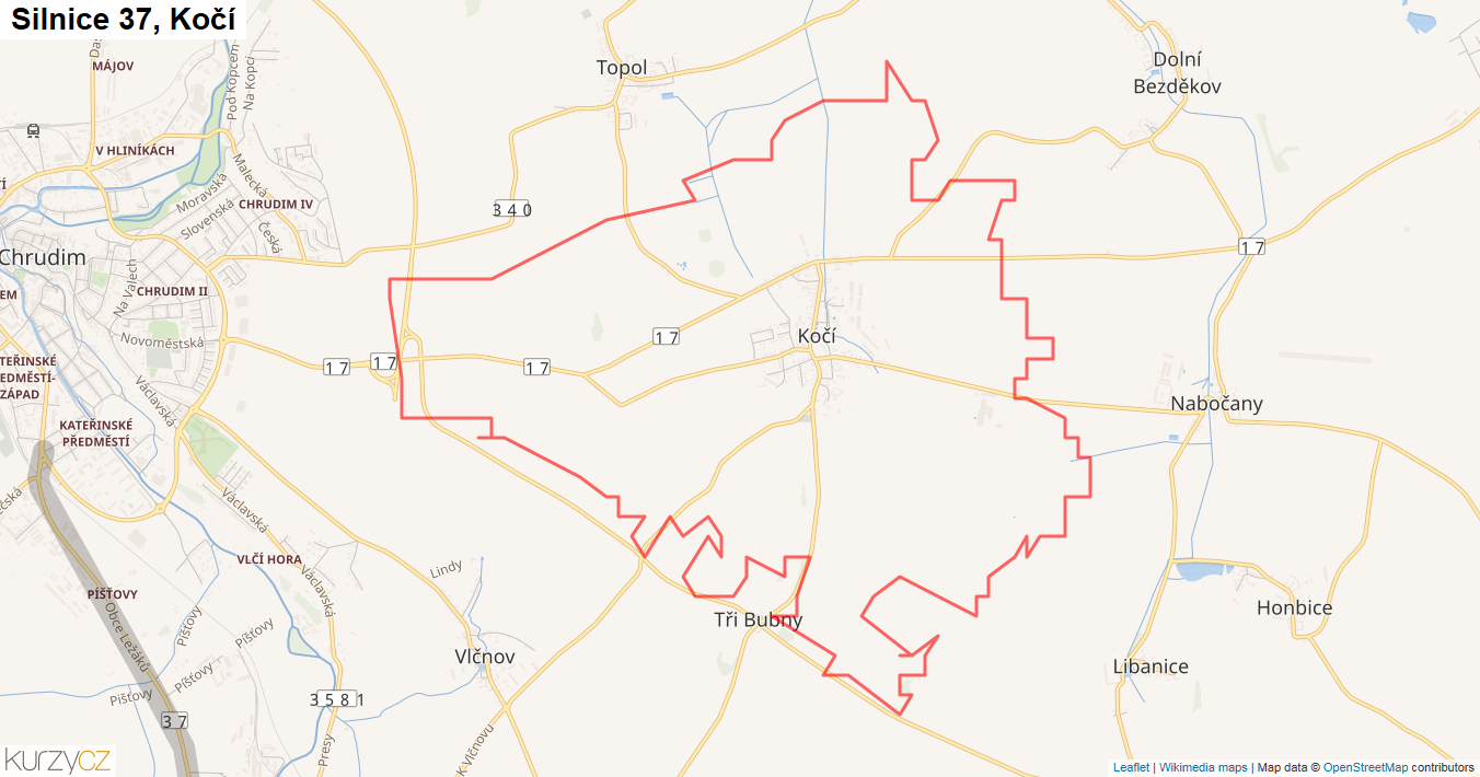 Kočí, Silnice 37 - Mapa