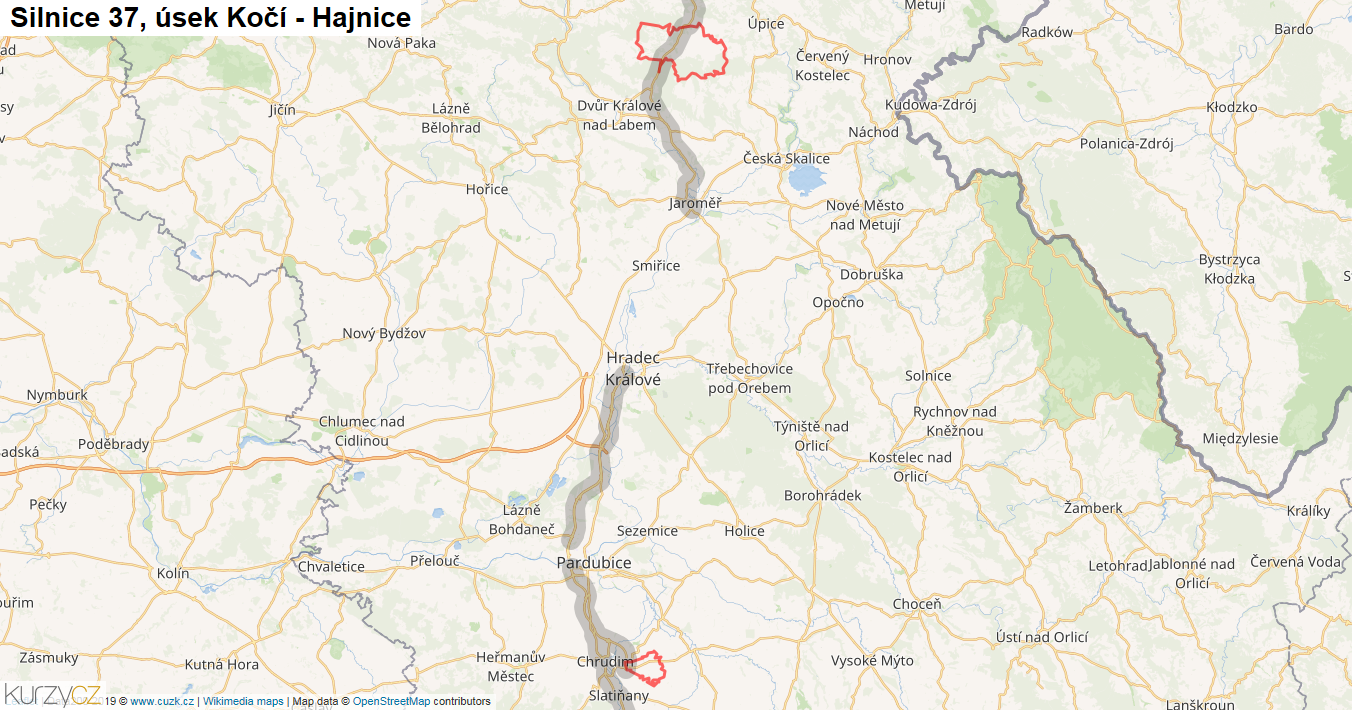 Úsek Kočí - Hajnice, Silnice 37 - Mapa